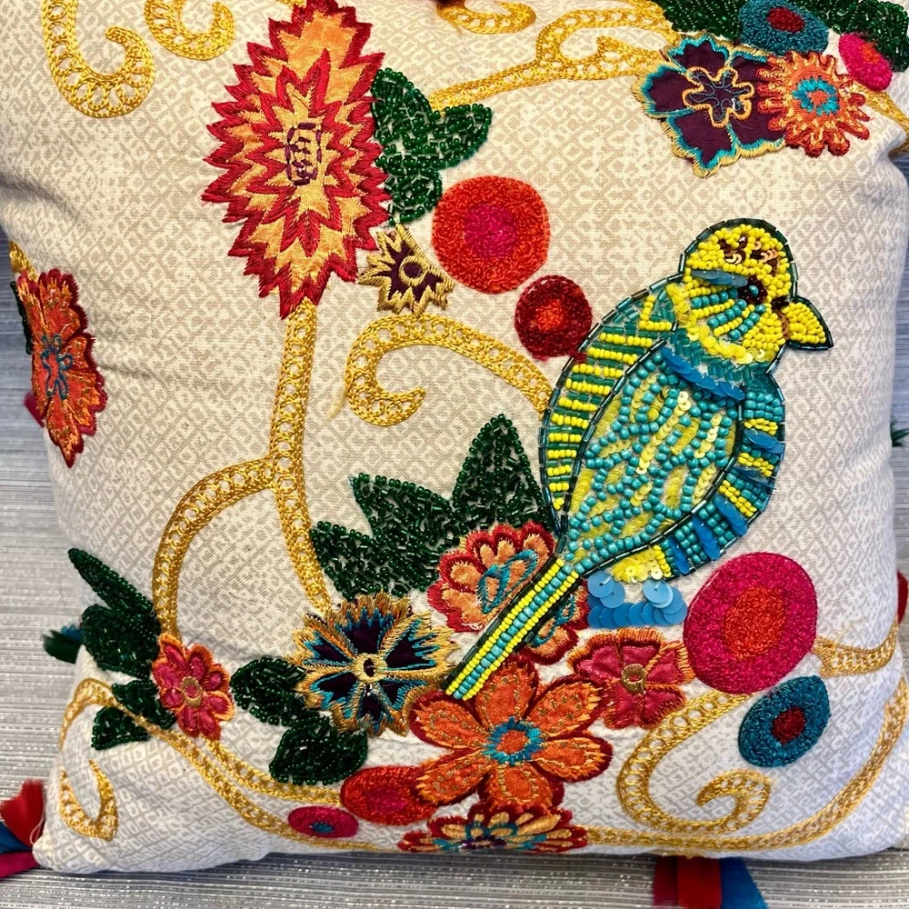 Arhaus Throw Pillow Beaded & Embroidered Bird Flowers GORGEOUS 16x16”